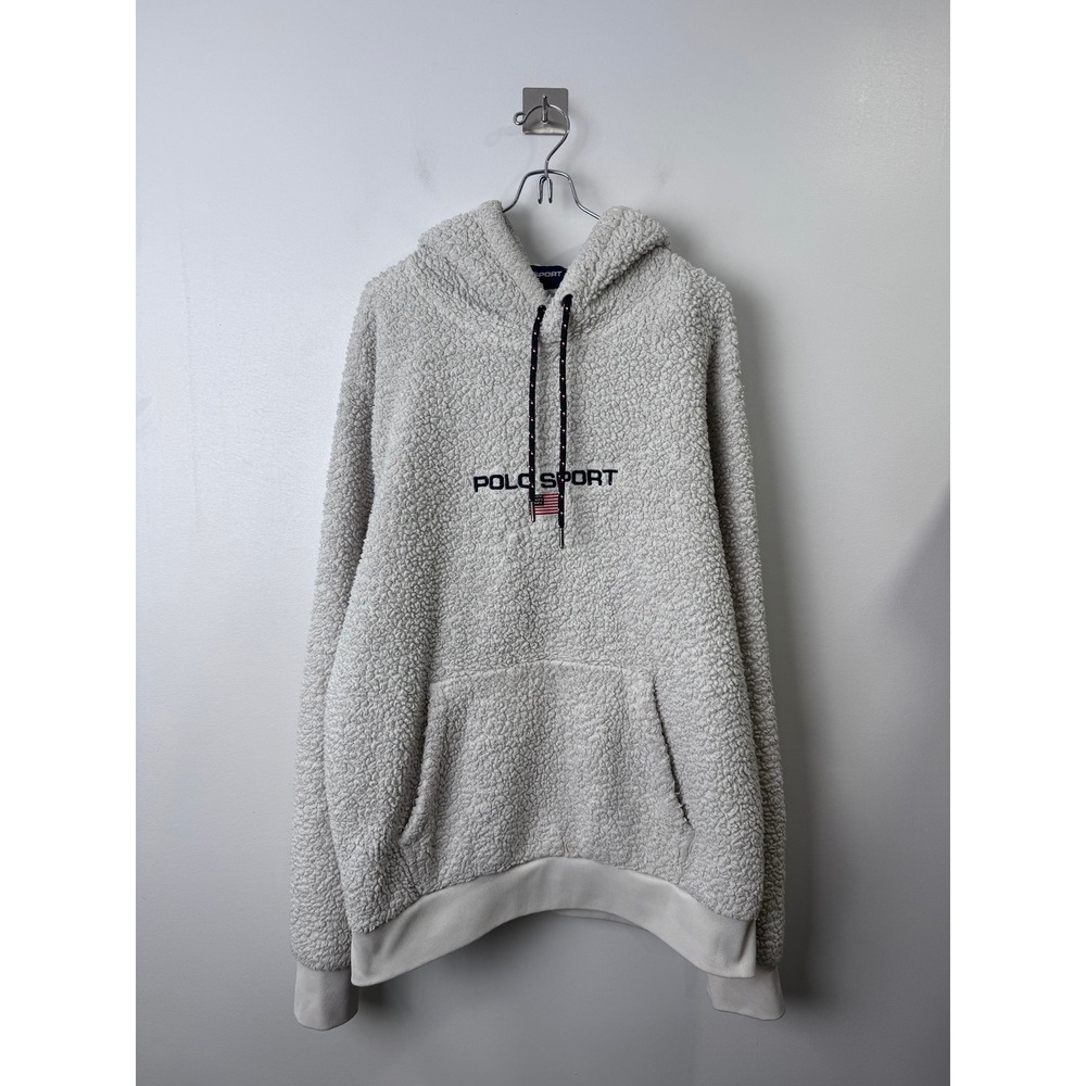 Polo Sport Men Cream Sherpa Fleece Pile Hoodie Flag Logo Medium